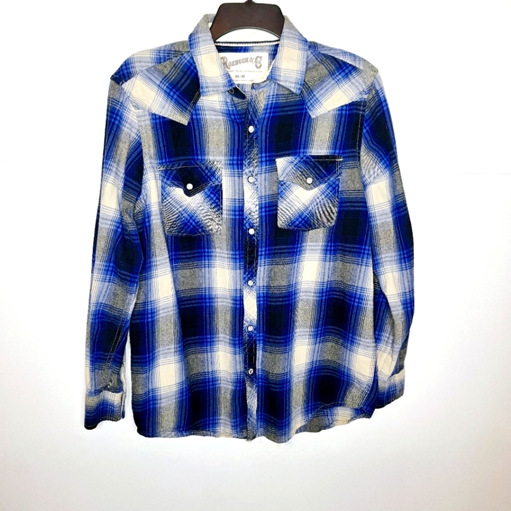 Roebuck and Company plaid pearl snap Cowboy, Western core shirt size medium.